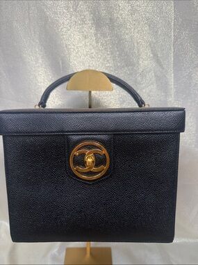CHANEL Black Top-Handle Vanity Box Bag with Gold CC Medallion and large CC